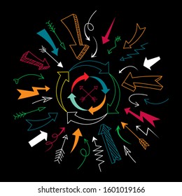 Arrow icon set isolated on black background. Trendy collection of different arrow icons in flat style for web site