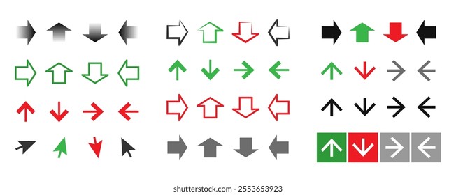 Arrow icon set isolated on transparent background. Various packaging symbols. Motion pointers. Flat style logos. Information pointers. Wayfinding directions. Modern simple vector arrows