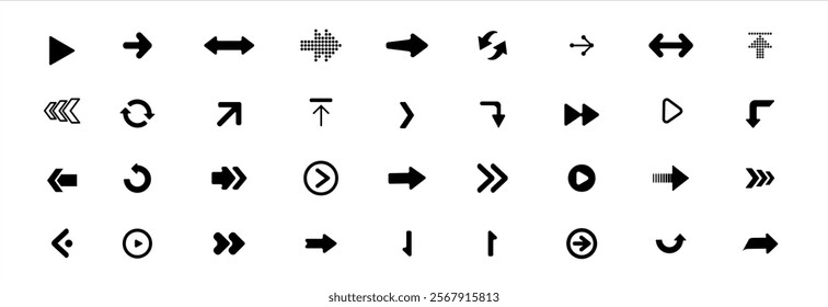 Arrow icon set isolated on white background. Collection different arrows sign. Black vector arrows icons. Modern simple arrows. Vector illustration.