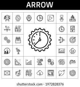 arrow icon set. line icon style. arrow related icons such as website, file transfer, buttons, wall clock, clock, dart board, music player, triangle, target, cupid, mouse