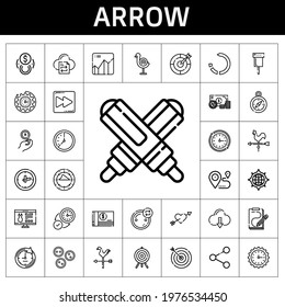 arrow icon set. line icon style. arrow related icons such as website, file transfer, buttons, wall clock, clock, graph, dart board, target, cupid, reload, money, pin