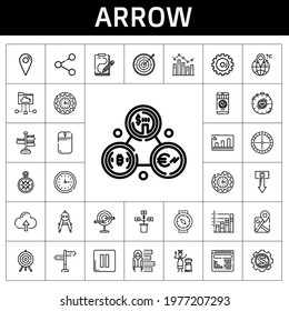 arrow icon set. line icon style. arrow related icons such as signpost, wall clock, google maps, mouse, wind rose, download, roulette, bar chart, options, share, mongolian