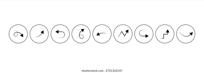 Arrow icon set in line style. Curve, direction, rotation, up, upward, down, up arrow symbol isolated on transparent background, vector illustration