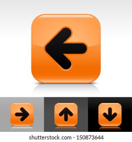 Arrow icon set orange glossy web button with black sign. Rounded square shape with shadow, reflection on white, gray, black background. Vector illustration design element save in 8 eps 