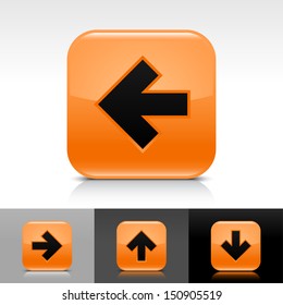 Arrow icon set. Orange glossy web button with black sign. Rounded square color shape with shadow, reflection on white, gray, black background. Vector illustration design element 8 eps 