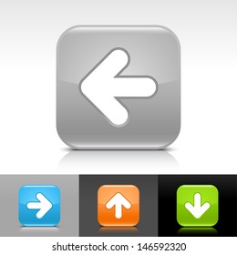 Arrow icon set. Orange, green, gray, blue color glossy web button with white sign. Rounded square shape with shadow, reflection on white, gray, black background. Vector illustration element 8 eps