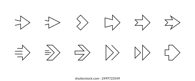 Arrow icon set. Outline editable stroke arrow icon collection. Different arrow symbol, forward, send, navigate and more. Editable stroke. Pixel Perfect. Grid base 32 x 32.