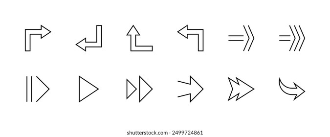 Conjunto de iconos de flecha. Colección de icono de flecha de trazo editable de esquema. Diferente símbolo de flecha, gire a la derecha, adelante, recargar, enviar, navegar y más. Trazo editable. Pixel perfecto.