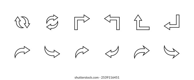 Arrow icon set. Outline editable stroke arrow icon collection. Curved right, forward, reload, send, navigate and more. Editable stroke. Pixel Perfect. Grid base 32px.