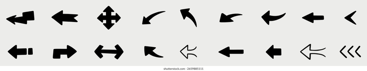 Pfeilsymbol-Set. Pixel Perfect Vector EPS 10 Illustration, Vector Sammlung von handgezeichneten Pfeilen wirbelt Box und andere Design-Elemente in schwarz-weißem Doodle-Stil. Vektorgrafik.