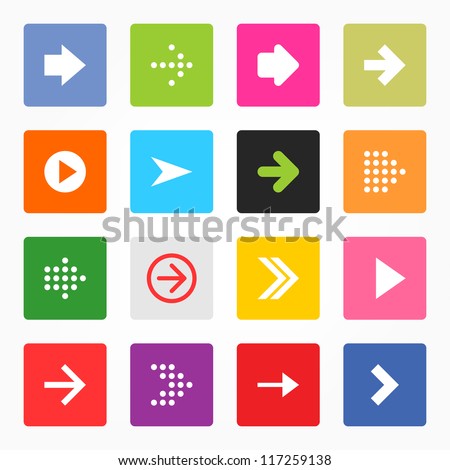 Arrow icon set popular color web sign. Simple rounded square shape internet button on gray background. Contemporary modern style for site or blog. Vector illustration internet design elements 8 eps