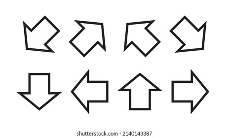 Pfeilsymbol oder Zeichensatz. Line Flat Design. Vektorgrafik. Webdesign-Elemente. rechts, links, oben, unten, Westen, Nordwesten, Südwesten, Nordosten, Südosten, Südosten, Nordosten und Südosten