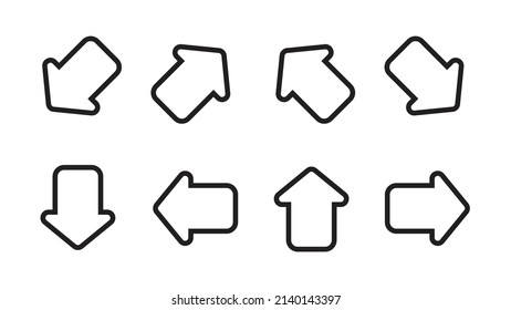 Arrow icon or set of signs. Line Flat design. Vector illustration. web design elements. right, left, up, down, west, northwest, southwest, north, southeast, south, east, northeast, and southeast