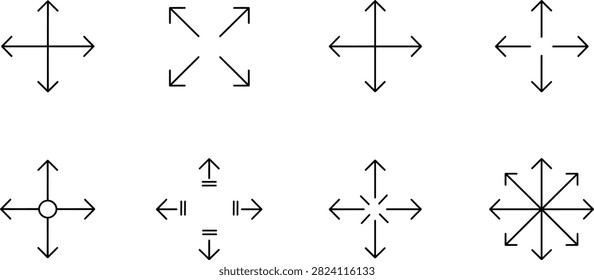Arrow icon set with simple black directional signs for navigation movement and interface design
