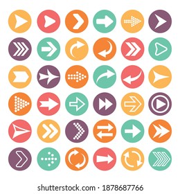 Arrow icon set. Simple circle shape arrow right and forward buttons. Solid modern style rewind download update symbols. Vector illustration.