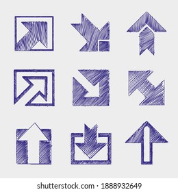 Arrow icon set in sketch style as if it were scribble in dark blue
