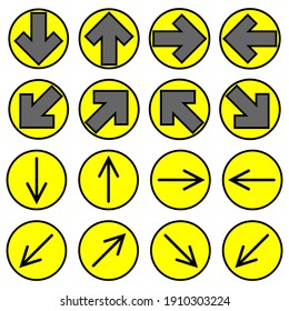 Arrow icon set solid, plain, monochrome color web sign. arrows icon vector set gray arrows on yellow background. Contemporary modern metro style flat tile. Vector illustration design elements 10 eps