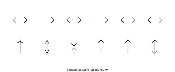 Pfeil-Symbol gesetzt. Geraden Pfeilen. Schnittstellenpfeil, Richtung, Navigation, andere Richtung, nach oben, nach rechts und mehr. Bearbeitbarer Strich. Pixel perfekt. Gitterbasis 32px.