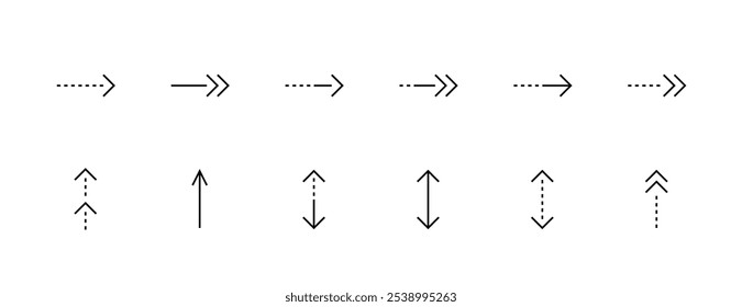 Conjunto de iconos de flecha. Iconos de flecha recta. Flechas de interfaz, dirección, navegación, enviar hacia la derecha, hacia arriba, hacia adelante rápido y más. Trazo editable. Pixel perfecto. Base de rejilla 32px.