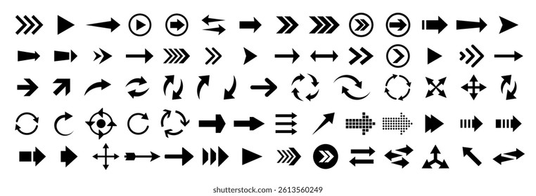 arrow icon set for target, direction, rotation, download, navigation, forward, fast, speed, pointer etc concept. arrows for website and design.	