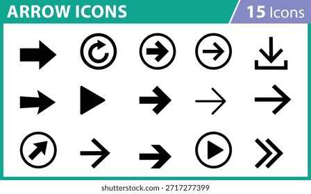Ícone de seta definido para design de interface do usuário, setas vetoriais para interface da Web, símbolos de navegação modernos, coleção de setas planas, elementos gráficos para aplicativos, estilos contornados e sólidos, pacote de ilustração editável.