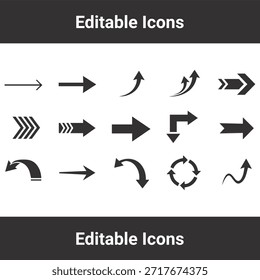 Conjunto de iconos de flecha con varios punteros de silueta negros, incluidos símbolos de navegación curvos, rectos, circulares y direccionales