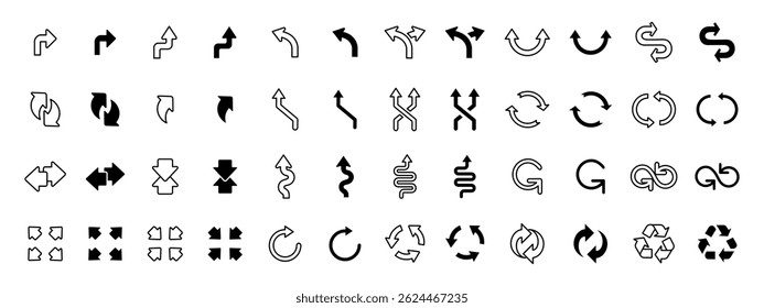 Arrow icon set. Various curved, straight and looped arrows in outline and filled styles. Navigation and movement symbols for UI interfaces, directional signs or process flow visualizations.