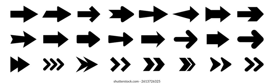 Arrow icon set. Arrow icon set vector. right direction arrow sign. Collection different arrow signs. Black icons. Different cursor direction symbols in flat style. 