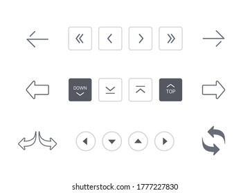 conjunto de iconos de flecha para web y aplicación: hacia atrás y hacia adelante, hacia arriba y hacia abajo, flecha de dirección, símbolo de reciclado, ilustración de vector de trazo editable