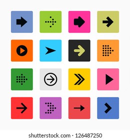 Arrow icon set web sign. Black on color. Solid plain mono one-color flat tile. Simple rounded square internet button. Contemporary modern metro style. Design elements vector illustration 8 eps