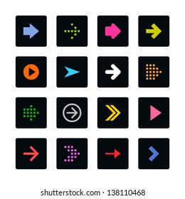 Arrow icon set web sign. Color on black. Solid plain mono one-color flat tile. Simple rounded square internet button. Contemporary modern metro style. Design elements vector illustration 8 eps