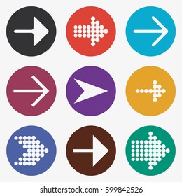 Arrow icon set. White guides, cursor, colorful buttons with pointer. Vector illustration.