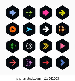 Arrow icon sign set. Color on black. Simple rounded hexagon internet button. Solid plain monochrome color flat tile. New minimal contemporary metro style. Vector illustration web design elements 8 eps