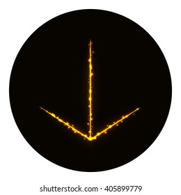 Arrow icon silhouette of gold lights on black background. Neon vector icon