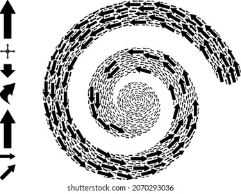 Arrow icon spiral collage. Arrow icons are united into cycle vector illustration. Element cycle done from scattered arrow icons. Some additional icons are pictured.