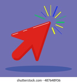 Arrow Icon in trendy flat style isolated on purple background whith shadow. Click in modern style. Quickly. For instructions. To display. Isolated object on a dark backdrop with highlights. Go here.