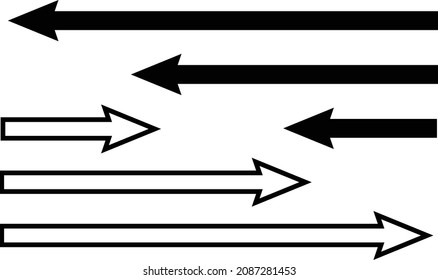 Arrow icon of various lengths. Black and white vector image set.