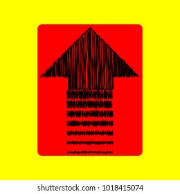 Arrow up icon. Vector. Black scribble icon in red container with rounded corners at yellow background. Isolated.