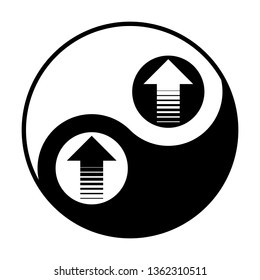 Arrow up icon. Vector. Black and white icon inside circles of yin and yang symbol at white background.