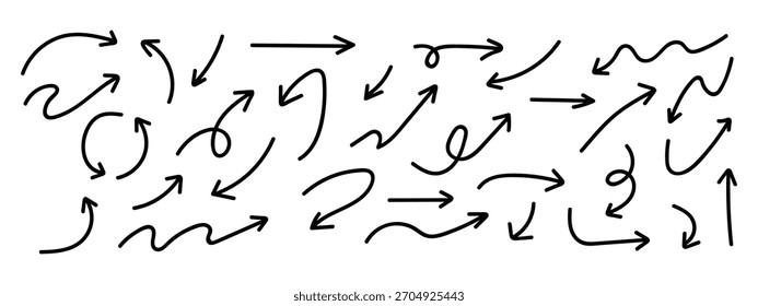 Vetor do ícone de seta. Esboço desenhado à mão esboço seta curva linha acima, baixo forma giz textura símbolo. ilustração vetor.