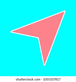 Arrow icon. Vector. Magenta icon with white sticker contour at sky blue background. Isolated.