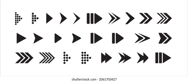 Arrow icon vector set. Arrows icons vector set. Contains symbol of various arrow head point shape, play, pause, next button symbol