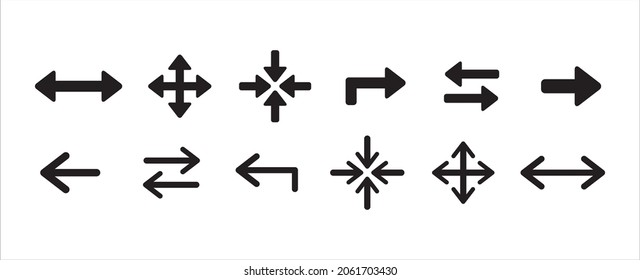 Arrow icon vector set. Arrows icons vector set. Contains symbol of turn right, turn left, gather spot, spread, intercourse, and two way option.