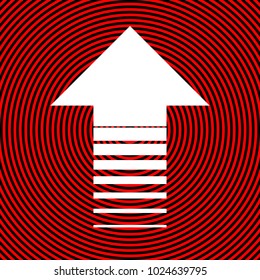 Arrow up icon. Vector. White icon on red and black radial pattern as background. Isolated.