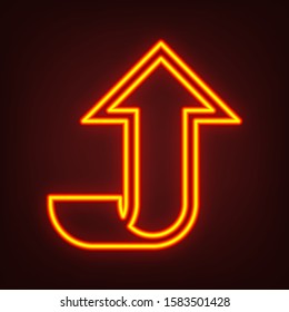 Arrow up icon. Yellow, orange, red neon icon at dark reddish background. Illumination. Illustration.