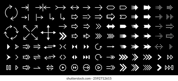 Arrow icons big set. Collection different arrows sign. Modern simple arrows. Contains symbol of various arrow head point shape, play, pause, next button symbol. Loading, downloading icon. Vector