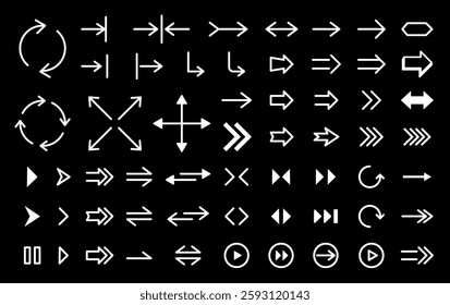 Arrow icons big set, modern arrows. Symbols for web design, applications, social networks. Set of pointers in different directions. Pause, rewind, swipe, stop, play icons. Load, download file symbol