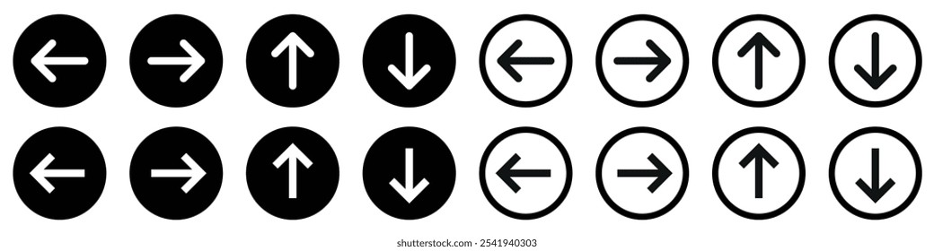 Arrow icons black vector set, up down left right buttons. Editable stroke.