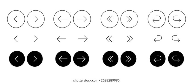 arrow icons black and white vector, left and right buttons isolated on white background