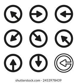 Arrow icons in circles. Set of arrow icons in circles pointing in different directions. Pointers made of arrow icons in circles. Vector illustration.